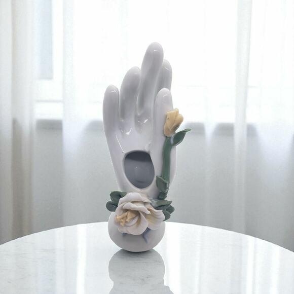 Vintage Porcelain Ceramic Hand Shaped 3D Vase Sculpted Rose Floral Decor - Picture 3 of 14